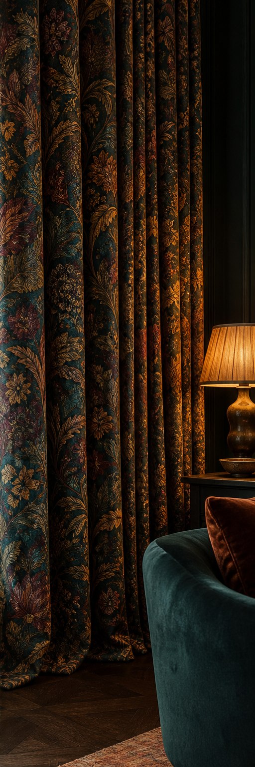 Jewel-toned botanical patterned bespoke curtain