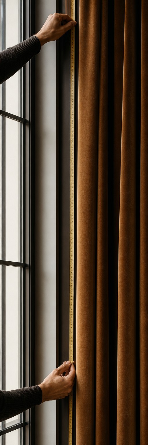 Precision measurement beside caramel velvet curtains