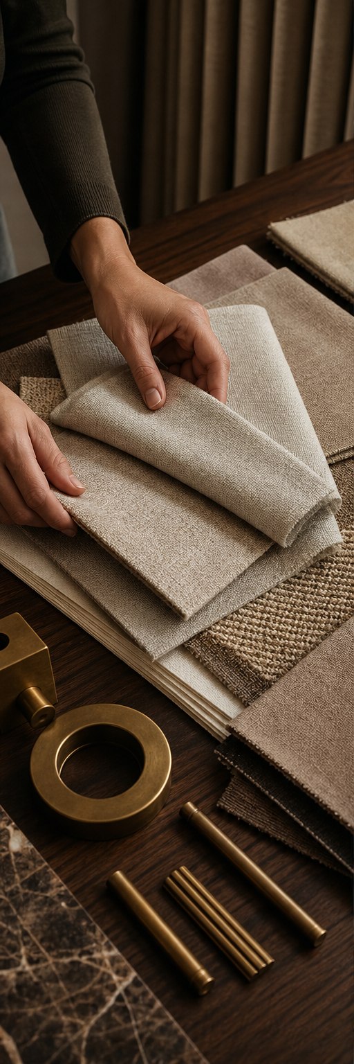 Curtain consultant arranging premium neutral fabric swatches