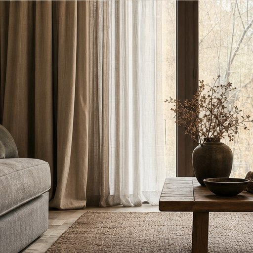 Warm taupe layered curtains for late autumn