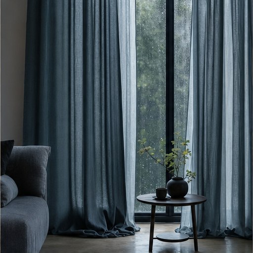 Slate blue curtains styled for the rainy season